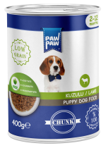 Hrană umedă pentru câine junior, PAWPAW, bucăți de miel în sos, 400 g, conținut scăzut de cereale, proteină animală 100%, digestie ușoară și creștere sănătoasă