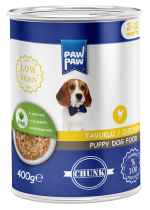 Hrană umedă pentru câine junior, PawPaw, bucăți de pui în sos, 400 g , proteină animală 100%, digestie ușoară, creștere sănătoasă