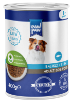 Hrană umedă pentru câine adult, PAWPAW, bucăți de pește în sos, 400 g, conținut scăzut de cereale, digestie ușoară, hidratare optimă și gust delicios