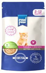 Hrană umedă pisici junior, PawPaw, cu bucăți de pui în sos, 85 g, creștere sănătoasă, digestie ușoară, energie pentru joacă