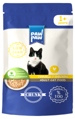 Hrană umedă pentru pisici adulte, PawPaw, bucăți de pui în sos, 85 g, proteină de calitate, susținere imunitară, sănătate optimă